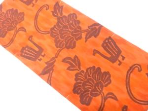 未使用品　手織り節紬　花唐草に抽象動物模様織り出し　全通袋帯